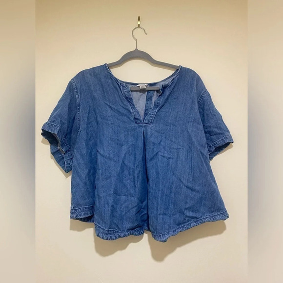 Guess women’s  spilt neck short sleeve denim blue blouse with open back size L - Picture 10 of 14